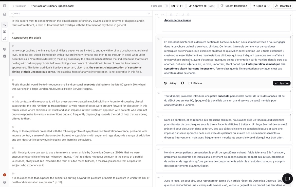 Document-level translation. The editor approves each segment into the working draft.
