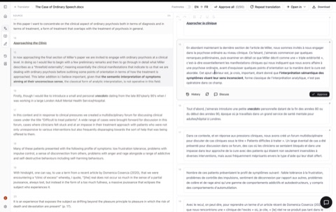 Document-level translation. The editor approves each segment into the working draft.