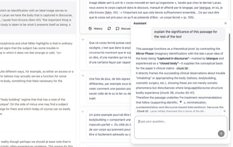 Ask the Assistant about a passage or idea. It draws on the article and the uploaded literature.