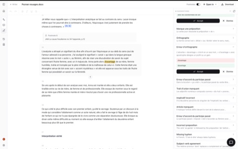 Inline grammar suggestions in the main edit. The editor accepts, edits, or rejects each one.